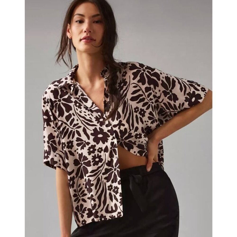 Women's Floral Button-Down Shirt - Black on Light Pink